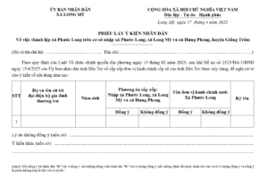 PHIẾU LẤY Ý KIẾN NHÂN DÂN: Về việc thành lập xã Phước Long trên cơ sở nhập xã Phước Long, xã Long Mỹ và xã Hưng Phong, huyện Giồng Trôm